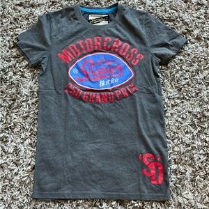 Superdry Gray Short Sleeve Tee with Red and Blue Motorcross Logo